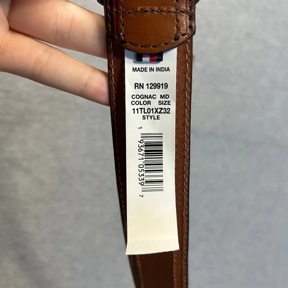 Tommy Hilfiger Mens M 34-36 Cognac Brown Genuine Leather Belt Silver Tone Buckle